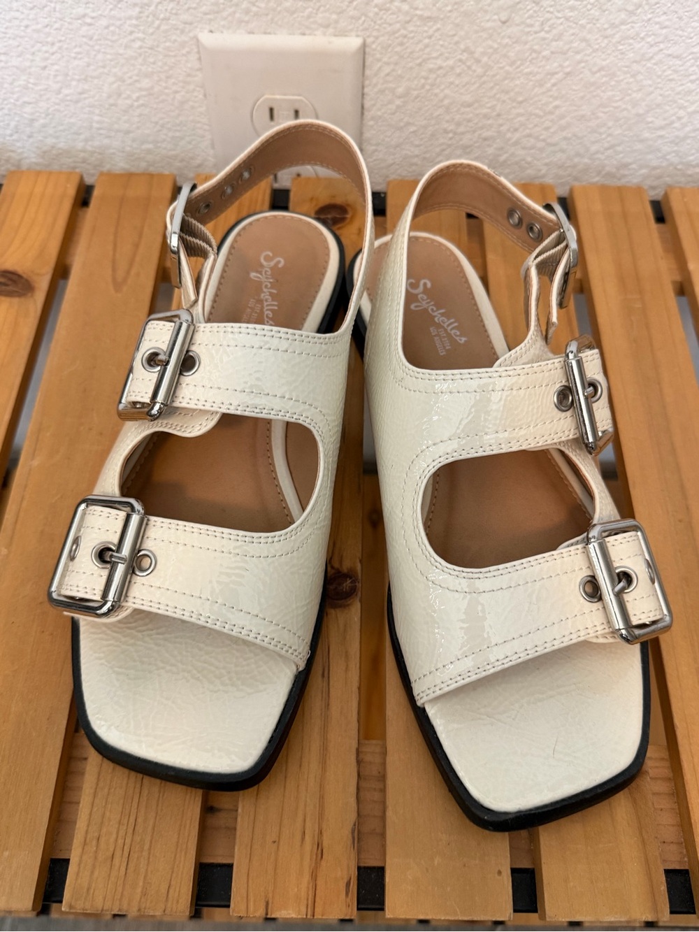 Seychelles Cream Double-Buckle Square-Toe Slide Sandals